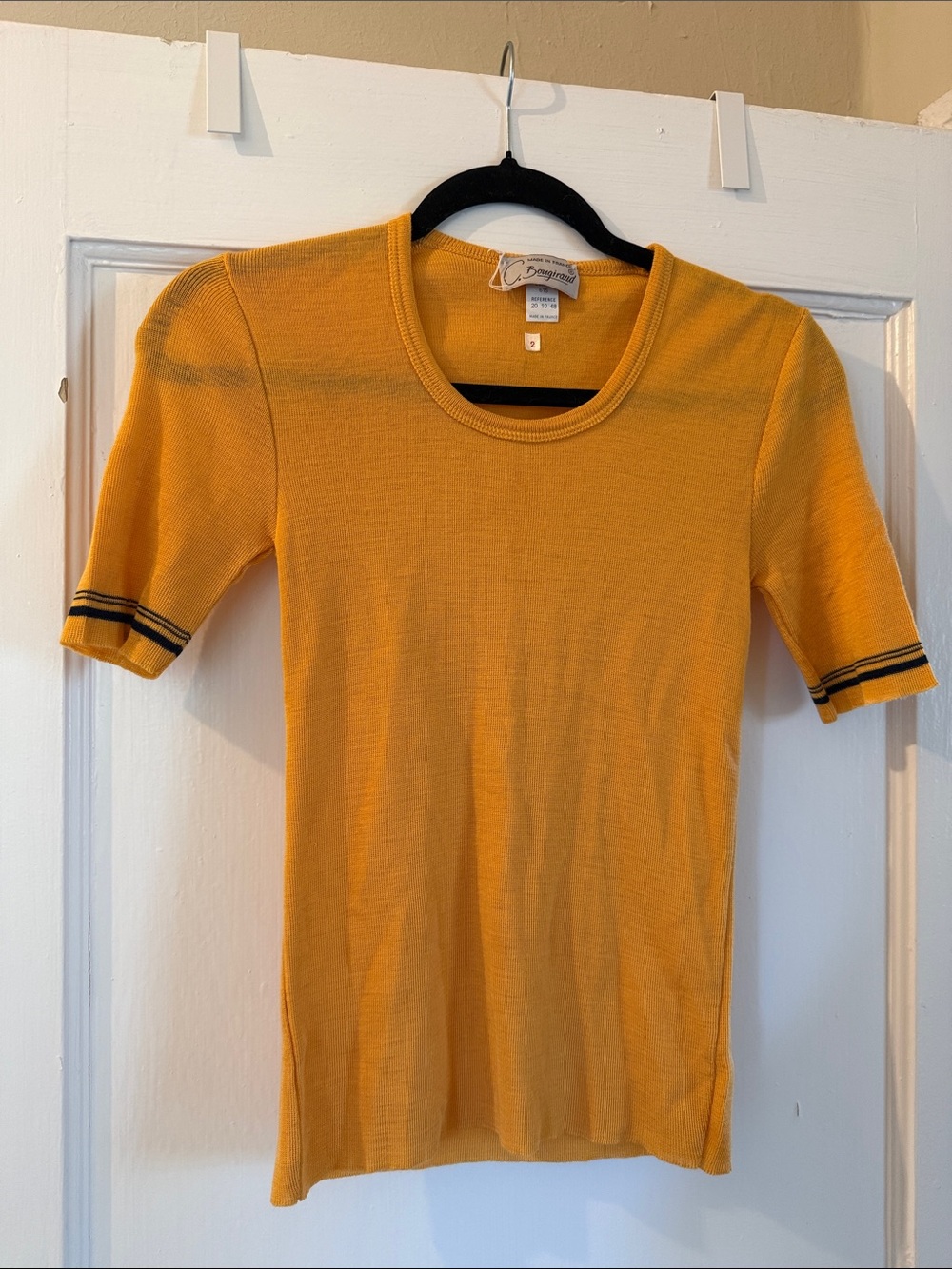 Vintage Yellow Short Sleeve Knit Tee with Navy Stripe Detail
